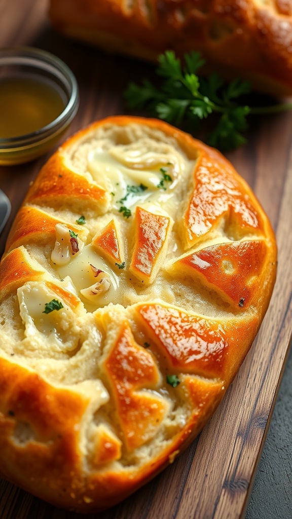 Homemade Garlic Bread with Yeast A golden brown loaf of garlic bread sliced, showcasing a fluffy interior with garlic and parsley, on a rustic wooden table.